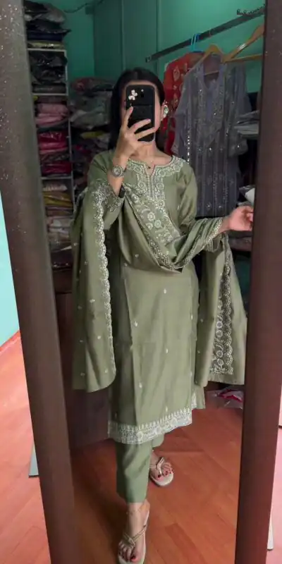 SRK 5178 Mehndi Color Chinnon Silk Embroidery Sequence Salwar Suit Wedding, Party, Festive, Events Expected Delivery 4-6 Working Days @ 2099/- | Jump Suits, Salwar suit, Designer Suits, Casual Suits, Creative suits, Palazzo Suits, Party Wear Suits, Patiala Suits, Straight Suits