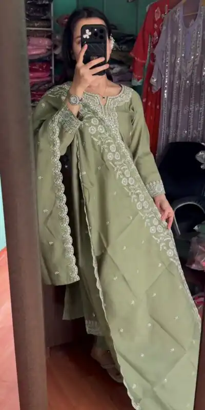 SRK 5178 Mehndi Color Chinnon Silk Embroidery Sequence Salwar Suit Wedding, Party, Festive, Events Expected Delivery 4-6 Working Days @ 2099/- | Jump Suits, Salwar suit, Designer Suits, Casual Suits, Creative suits, Palazzo Suits, Party Wear Suits, Patiala Suits, Straight Suits