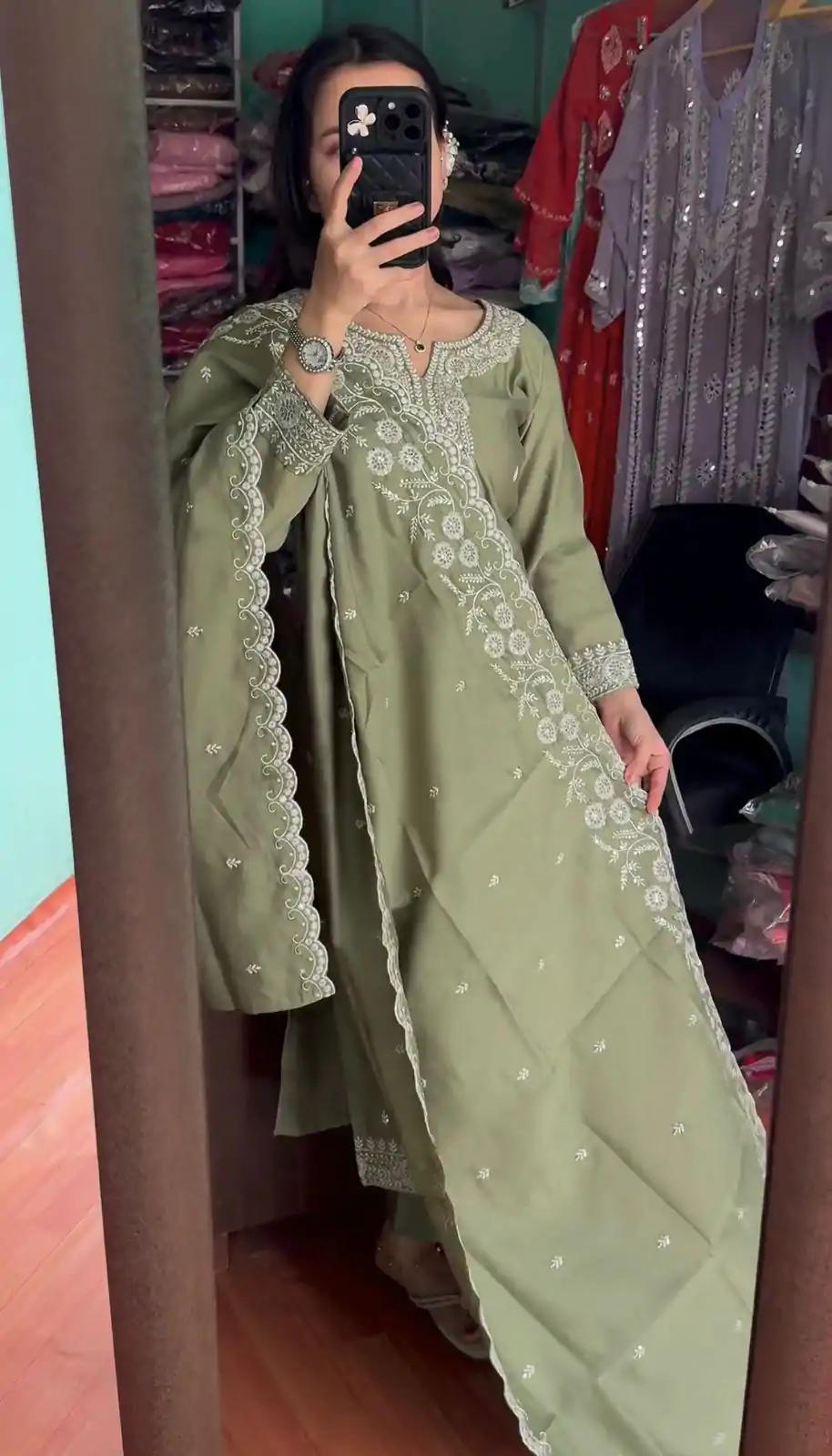 SRK 5178 Mehndi Color Chinnon Silk Embroidery Sequence Salwar Suit Wedding, Party, Festive, Events Expected Delivery 4-6 Working Days @ 2099/- | Jump Suits, Salwar suit, Designer Suits, Casual Suits, Creative suits, Palazzo Suits, Party Wear Suits, Patiala Suits, Straight Suits
