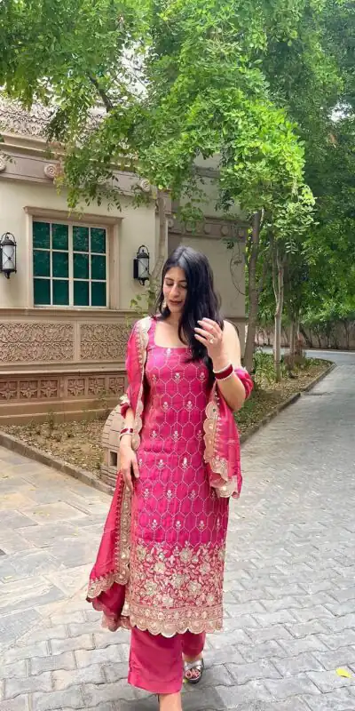 SR 1630 Pink Color Chinnon Silk Embroidery Work Sharara Suit Wedding, Party, Festive, Events Etc. Expected Delivery 4-6 Working Days @1949 | Salwar suit, Designer Suits, Casual Suits, Creative suits, Palazzo Suits, Party Wear Suits, Straight Suits