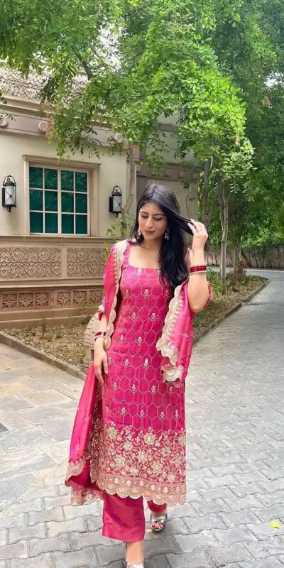 SR 1630 Pink Color Chinnon Silk Embroidery Work Sharara Suit Wedding, Party, Festive, Events Etc. Expected Delivery 4-6 Working Days @1949 | Salwar suit, Designer Suits, Casual Suits, Creative suits, Palazzo Suits, Party Wear Suits, Straight Suits
