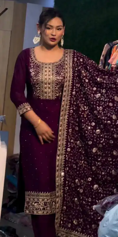 SRK 5178 Purple Color Chinnon Silk Embroidery Sequence Salwar Suit Wedding, Party, Festive, Events Expected Delivery 4-6 Working Days @ 2099/- | Jump Suits, Salwar suit, Designer Suits, Casual Suits, Creative suits, Palazzo Suits, Party Wear Suits, Patiala Suits, Straight Suits