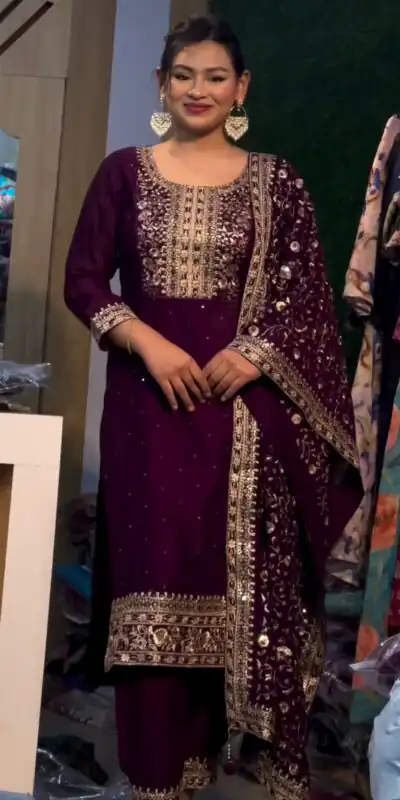 SRK 5178 Purple Color Chinnon Silk Embroidery Sequence Salwar Suit Wedding, Party, Festive, Events Expected Delivery 4-6 Working Days @ 2099/- | Jump Suits, Salwar suit, Designer Suits, Casual Suits, Creative suits, Palazzo Suits, Party Wear Suits, Patiala Suits, Straight Suits