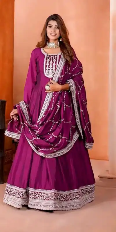 VLM 196 Purple Color Chinon Silk Embroidery Sequence Gown Casual, Wedding, Party, Festive, Events Etc. Expected Delivery 4-6 Working Days @1999/- | Gowns, Bollywood Gowns, Creative Gowns, Designer Gowns, Embroidered Gowns, Party Wear Gowns