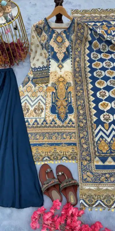 AD 166 Blue Color Chinon Silk Digital Printed Work Sharara Suit Casual, Wedding, Party, Festive, Events Etc. Expected Delivery 4-6 Working Days @1949/- | Jump Suits, Salwar suit, Designer Suits, Casual Suits, Creative suits, Palazzo Suits, Party Wear Suits, Patiala Suits, Straight Suits