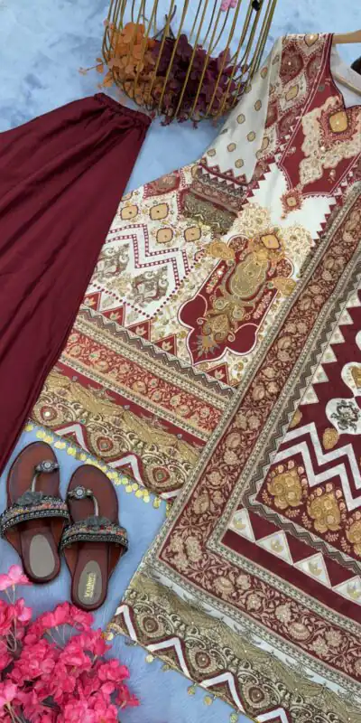 AD 166 Maroon Color Chinon Silk Digital Printed Work Sharara Suit Casual, Wedding, Party, Festive, Events Etc. Expected Delivery 4-6 Working Days @1949/- | Jump Suits, Salwar suit, Designer Suits, Casual Suits, Creative suits, Palazzo Suits, Party Wear Suits, Patiala Suits, Straight Suits
