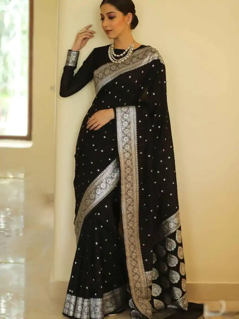 DDF Silver Black 4 Color Banarasi Soft Silk Ordinary Design Saree Casual, Party Wear, Events, Festivals Wear Etc. Expected Delivery 4-6 Working Days 1399/- | Sarees, Bollywood Sarees, Creative Sarees, Designer Sarees, Embroidered Sarees, Ethnic Saree, Modern Digital sarees, Party Wear Sarees