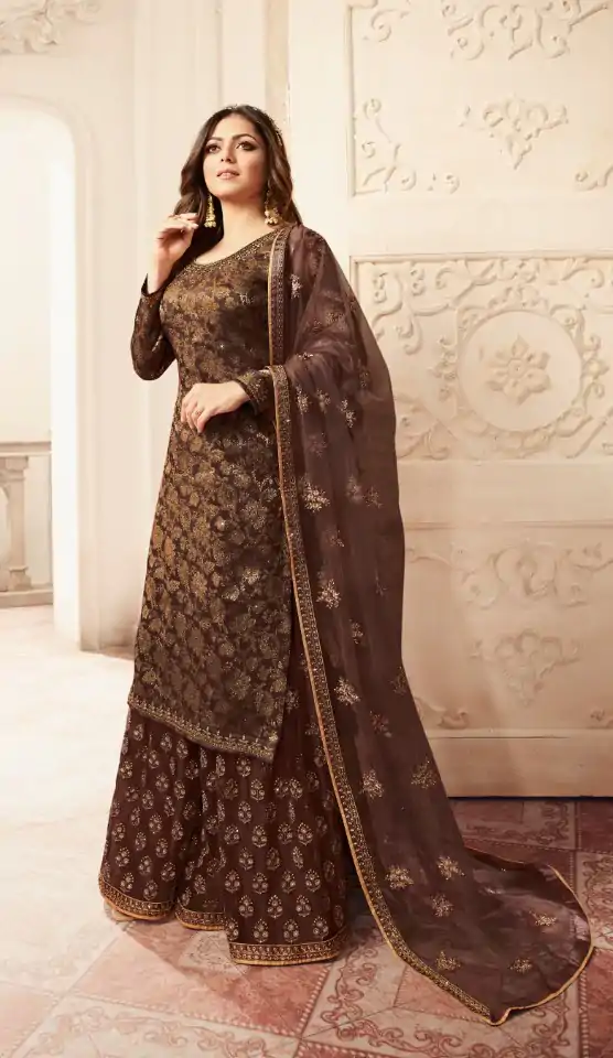 FC L.t 5406 Coffee Color Jacquard Silk Georgette Diamond Sharara Suit Wedding, Party, Festive Expected Delivery 4-6 Working Days  @2999/- | Jump Suits, Salwar suit, Designer Suits, Casual Suits, Creative suits, Palazzo Suits, Party Wear Suits, Patiala Suits, Straight Suits