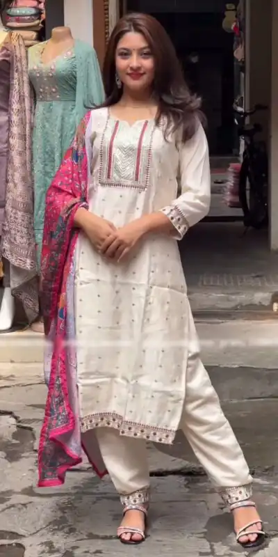 SRK 474 White Color Chinnon Silk Malty Thread Embroidery Salwar Suit Wedding, Party, Festive, Events Expected Delivery 4-6 Working Days @ 1849/- | Jump Suits, Salwar suit, Designer Suits, Casual Suits, Creative suits, Palazzo Suits, Party Wear Suits, Patiala Suits, Straight Suits