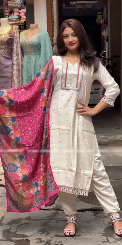 SRK 474 White Color Chinnon Silk Malty Thread Embroidery Salwar Suit Wedding, Party, Festive, Events Expected Delivery 4-6 Working Days @ 1849/- | Jump Suits, Salwar suit, Designer Suits, Casual Suits, Creative suits, Palazzo Suits, Party Wear Suits, Patiala Suits, Straight Suits
