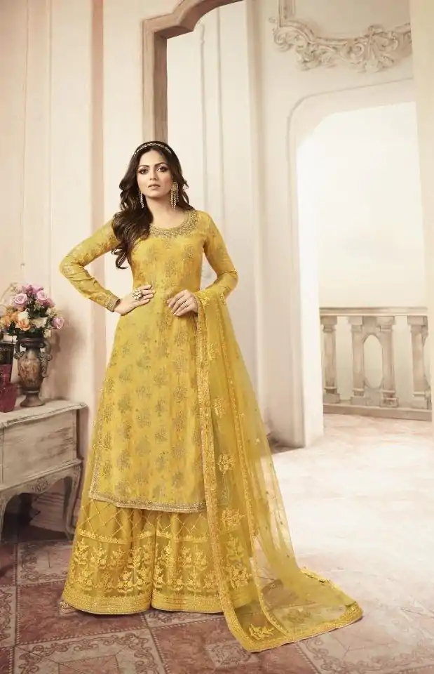 FC L.t 5405 Yellow Color Jacquard Silk Georgette Diamond Sharara Suit Wedding, Party, Festive Expected Delivery 4-6 Working Days  @2999/- | Jump Suits, Salwar suit, Designer Suits, Casual Suits, Creative suits, Palazzo Suits, Party Wear Suits, Patiala Suits, Straight Suits