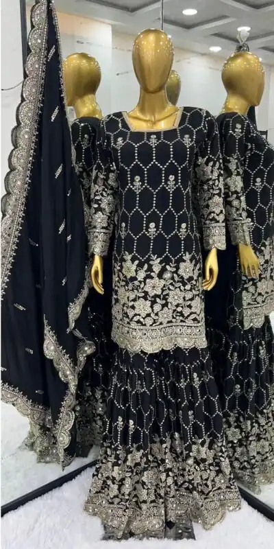 SR 1616 Black Color Heavy Chinnon Silk Embroidery Work Sharara Suit Wedding, Party, Festive, Events Etc. Expected Delivery 4-6 Working Days @2199Only | Salwar suit, Designer Suits, Casual Suits, Creative suits, Palazzo Suits, Party Wear Suits, Straight Suits