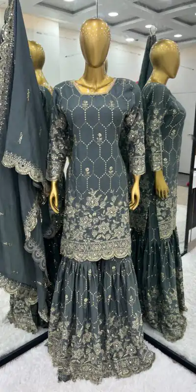 SR 1616 Blue Color Heavy Chinnon Silk Embroidery Work Sharara Suit Wedding, Party, Festive, Events Etc. Expected Delivery 4-6 Working Days @2199Only | Salwar suit, Designer Suits, Casual Suits, Creative suits, Palazzo Suits, Party Wear Suits, Straight Suits