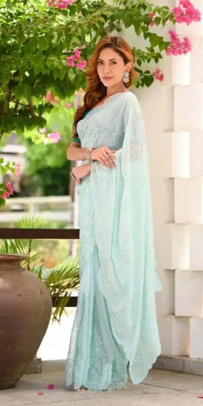 JR 622 Light Blue Color Georgette Sequence Work Casual, Party Wear, Wedding, Events Etc. Expected Delivery 4-6 Working Days @1849/- | Sarees, Bollywood Sarees, Creative Sarees, Designer Sarees, Embroidered Sarees, Ethnic Saree, Modern Digital sarees, Party Wear Sarees