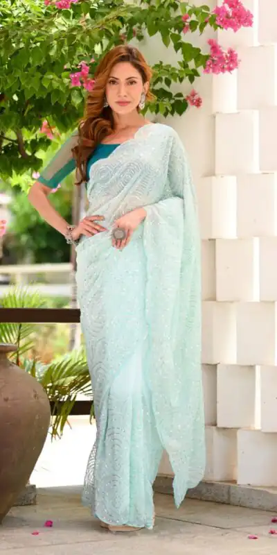 JR 622 Light Blue Color Georgette Sequence Work Casual, Party Wear, Wedding, Events Etc. Expected Delivery 4-6 Working Days @1849/- | Sarees, Bollywood Sarees, Creative Sarees, Designer Sarees, Embroidered Sarees, Ethnic Saree, Modern Digital sarees, Party Wear Sarees