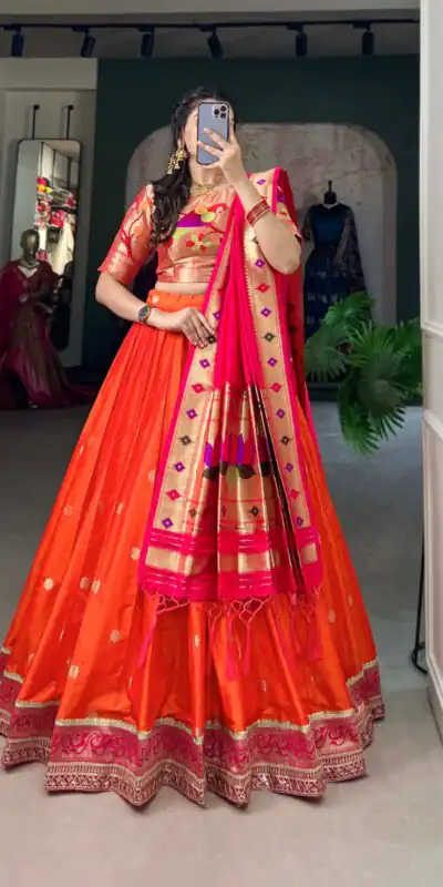 LNB 2005 Orange Jacquard Silk Weaving Zari Lehenga Choli Festive Party Wedding, Events etc. Delivery 4-6 Working Days @3499/- | Lehenga, Bollywood Lehenga, Creative Lehenga, Designer Lehenga, Embroidered Lehenga, Party Wear Lehenga