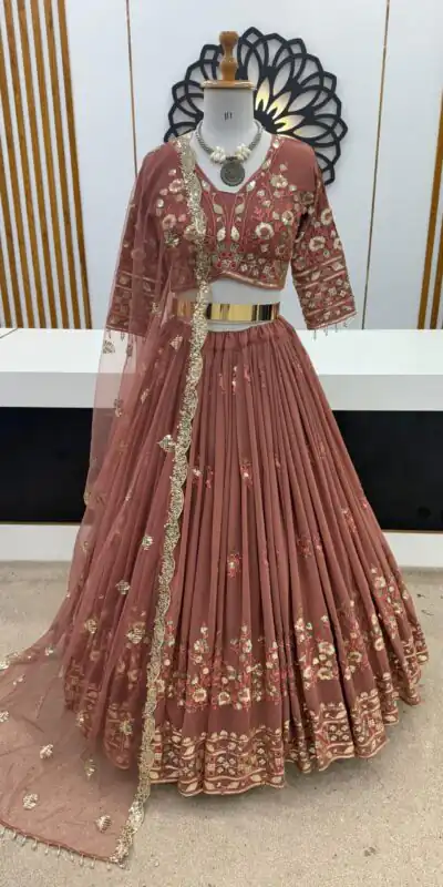 ZSR 3074 Peach Color Georgette Embroidery Sequence Lehenga Choli Wedding, Party, Events Etc. Expected Delivery 4-6 Working Days 2149/- | Lehenga, Bollywood Lehenga, Creative Lehenga, Designer Lehenga, Embroidered Lehenga, Party Wear Lehenga