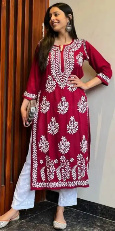 MJF 402 Red  Color Heavy Rayon Cotton Style Embroidery Work Kurti Wedding, Party, Festive, Events Etc.   Expected Delivery 4-6 Working Days @1499/- | Kurti, Bollywood Kurti, Creative Kurtis, Designer Kurti, Party Wear Kurti, Selfie Kurti