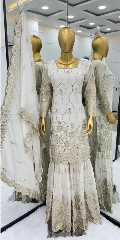 SR 1616 White Color Heavy Chinnon Silk Embroidery Work Sharara Suit Wedding, Party, Festive, Events Etc. Expected Delivery 4-6 Working Days @2199Only | Salwar suit, Designer Suits, Casual Suits, Creative suits, Palazzo Suits, Party Wear Suits, Straight Suits
