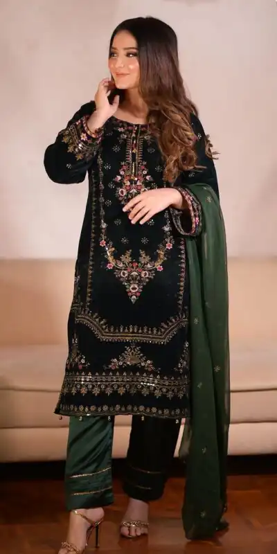 ZF 345 Green Color Viscose Velvet Embroidery Salwar Suit Casual, Wedding, Party, Events Etc. Expected Delivery 4-6 Working Days 1899/- | Jump Suits, Salwar suit, Designer Suits, Casual Suits, Creative suits, Palazzo Suits, Party Wear Suits, Patiala Suits, Straight Suits