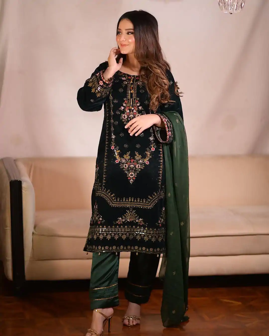 ZF 345 Green Color Viscose Velvet Embroidery Salwar Suit Casual, Wedding, Party, Events Etc. Expected Delivery 4-6 Working Days 1899/- | Jump Suits, Salwar suit, Designer Suits, Casual Suits, Creative suits, Palazzo Suits, Party Wear Suits, Patiala Suits, Straight Suits