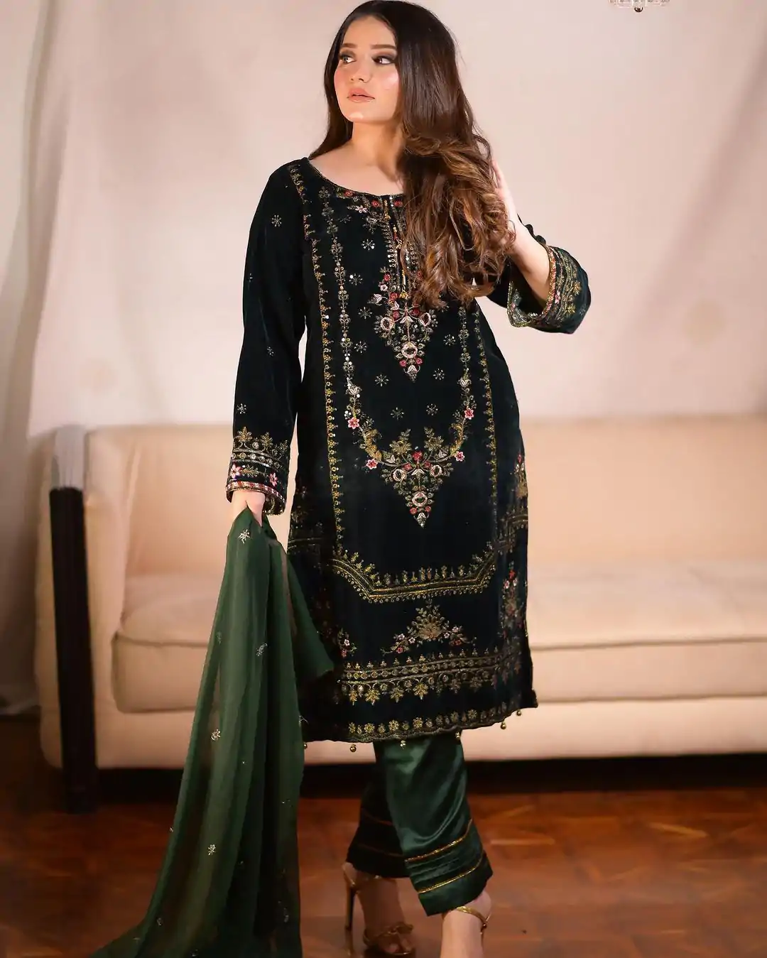 ZF 345 Green Color Viscose Velvet Embroidery Salwar Suit Casual, Wedding, Party, Events Etc. Expected Delivery 4-6 Working Days 1899/- | Jump Suits, Salwar suit, Designer Suits, Casual Suits, Creative suits, Palazzo Suits, Party Wear Suits, Patiala Suits, Straight Suits