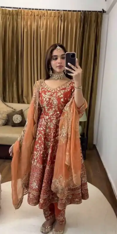 SSR 482 Orange Color Georgette Embroidery Sequence Gown Casual, Wedding, Party, Festive, Events Etc. Expected Delivery 4-6 Working Days @2399/- | Gowns, Bollywood Gowns, Creative Gowns, Designer Gowns, Embroidered Gowns, Party Wear Gowns