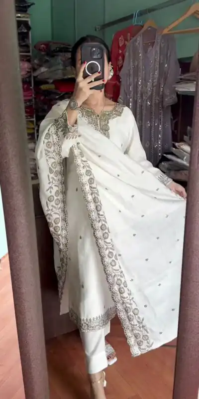 SRK 5178 White Color Chinnon Silk Sequence Salwar Suit Wedding, Party, Festive, Events Expected Delivery 4-6 Working Days @ 1899/- | Jump Suits, Salwar suit, Designer Suits, Casual Suits, Creative suits, Palazzo Suits, Party Wear Suits, Patiala Suits, Straight Suits