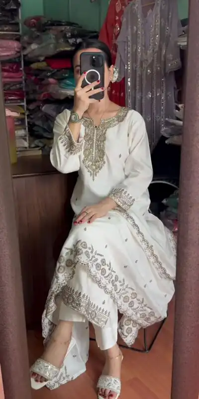 SRK 5178 White Color Chinnon Silk Sequence Salwar Suit Wedding, Party, Festive, Events Expected Delivery 4-6 Working Days @ 1899/- | Jump Suits, Salwar suit, Designer Suits, Casual Suits, Creative suits, Palazzo Suits, Party Wear Suits, Patiala Suits, Straight Suits