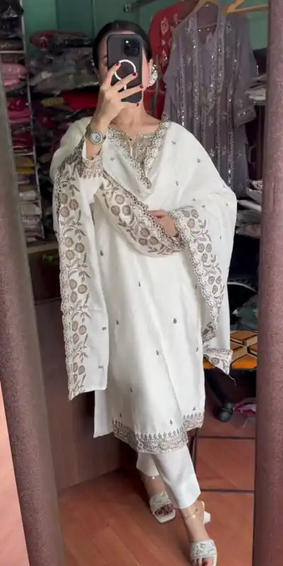 SRK 5178 White Color Chinnon Silk Sequence Salwar Suit Wedding, Party, Festive, Events Expected Delivery 4-6 Working Days @ 1899/- | Jump Suits, Salwar suit, Designer Suits, Casual Suits, Creative suits, Palazzo Suits, Party Wear Suits, Patiala Suits, Straight Suits