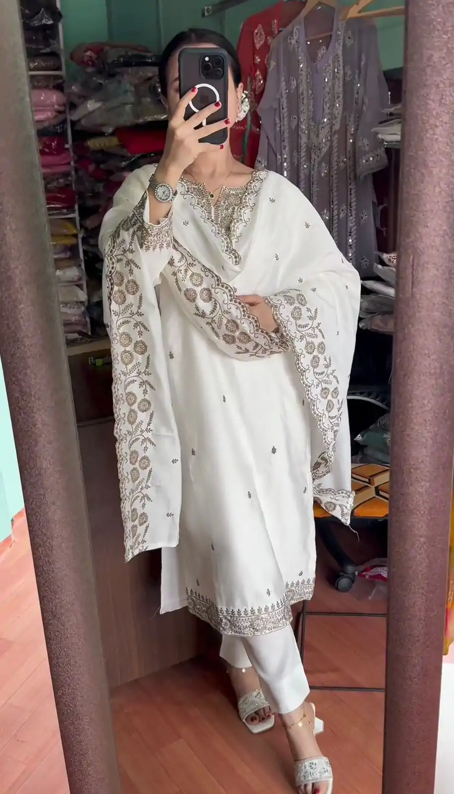 SRK 5178 White Color Chinnon Silk Sequence Salwar Suit Wedding, Party, Festive, Events Expected Delivery 4-6 Working Days @ 1899/- | Jump Suits, Salwar suit, Designer Suits, Casual Suits, Creative suits, Palazzo Suits, Party Wear Suits, Patiala Suits, Straight Suits