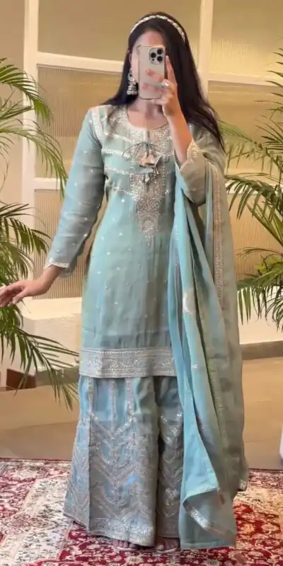 SSR 476 Blue Color Chinnon Silk Malty Thread Embroidery Salwar Suit Wedding, Party, Festive, Events Expected Delivery 4-6 Working Days @ 2399/- | Jump Suits, Salwar suit, Designer Suits, Casual Suits, Creative suits, Palazzo Suits, Party Wear Suits, Patiala Suits, Straight Suits