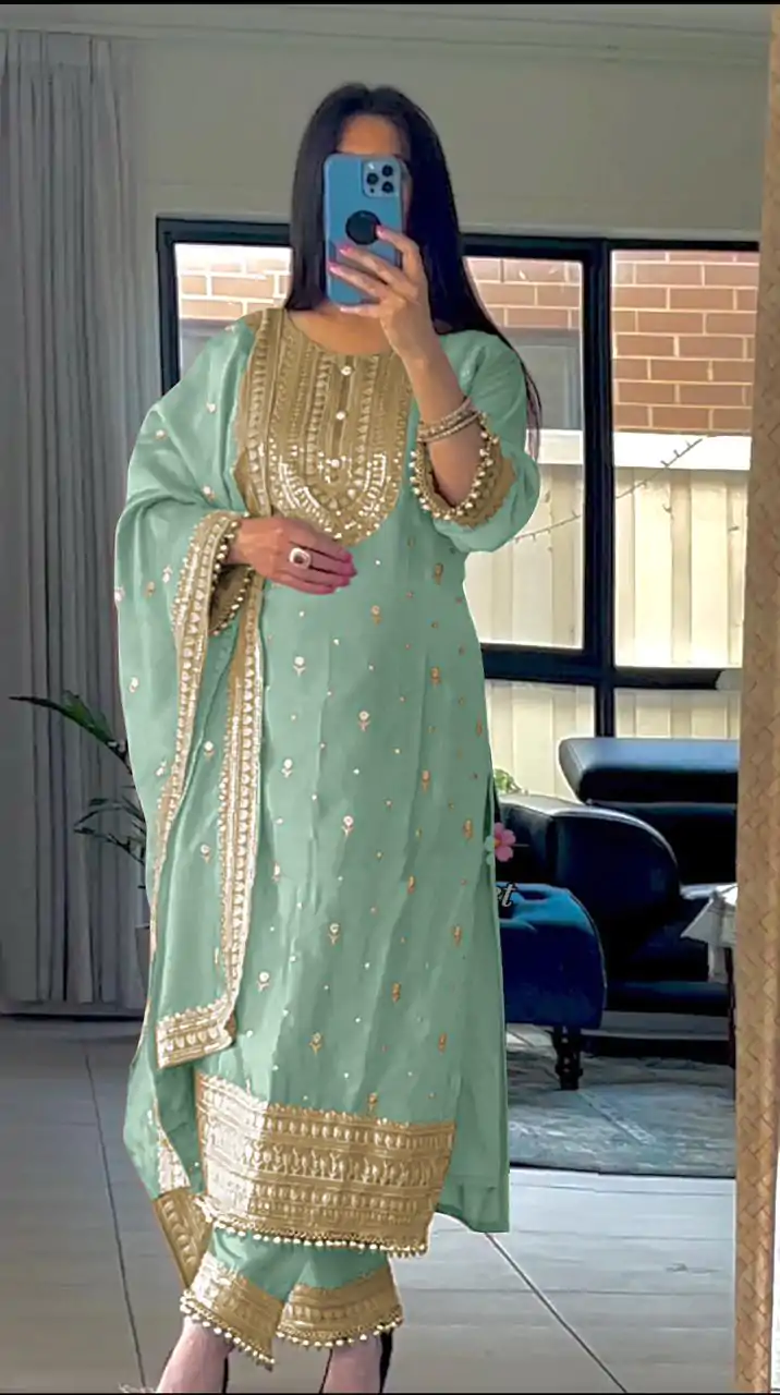 NSR 814 Blue Color Pure Chinnon Silk Embroidery Sequence Salwar Suit Casual, Party Festive, Events Etc. Expected Delivery 4-6 Working Days @2049/- | Jump Suits, Salwar suit, Designer Suits, Casual Suits, Creative suits, Palazzo Suits, Party Wear Suits, Patiala Suits, Straight Suits