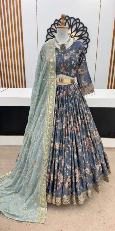 ZSR 3073 Blue Color Chinon Silk Digital Printed Lehenga Choli Wedding, Party, Events Etc. Expected Delivery 4-6 Working Days 2399/- | Lehenga, Bollywood Lehenga, Creative Lehenga, Designer Lehenga, Embroidered Lehenga, Party Wear Lehenga