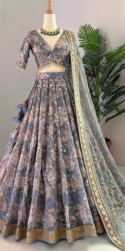 ZSR 3073 Blue Color Chinon Silk Digital Printed Lehenga Choli Wedding, Party, Events Etc. Expected Delivery 4-6 Working Days 2399/- | Lehenga, Bollywood Lehenga, Creative Lehenga, Designer Lehenga, Embroidered Lehenga, Party Wear Lehenga