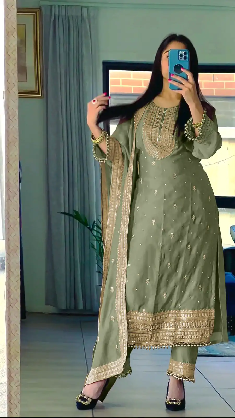 NSR 814 Green Color Pure Chinnon Silk Embroidery Sequence Salwar Suit Casual, Party Festive, Events Etc. Expected Delivery 4-6 Working Days @2049/- | Jump Suits, Salwar suit, Designer Suits, Casual Suits, Creative suits, Palazzo Suits, Party Wear Suits, Patiala Suits, Straight Suits