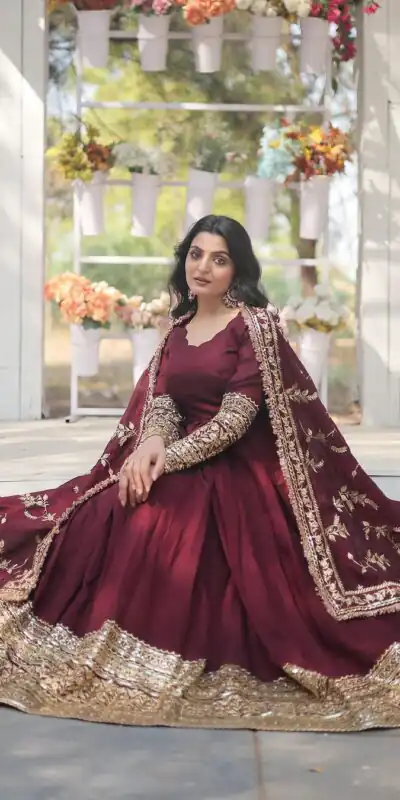 SR 1634 Maroon Color Georgette Embroidery Sequence Gown Casual, Wedding, Party, Festive, Events Etc. Expected Delivery 4-6 Working Days @2099/- | Gowns, Bollywood Gowns, Creative Gowns, Designer Gowns, Embroidered Gowns, Party Wear Gowns