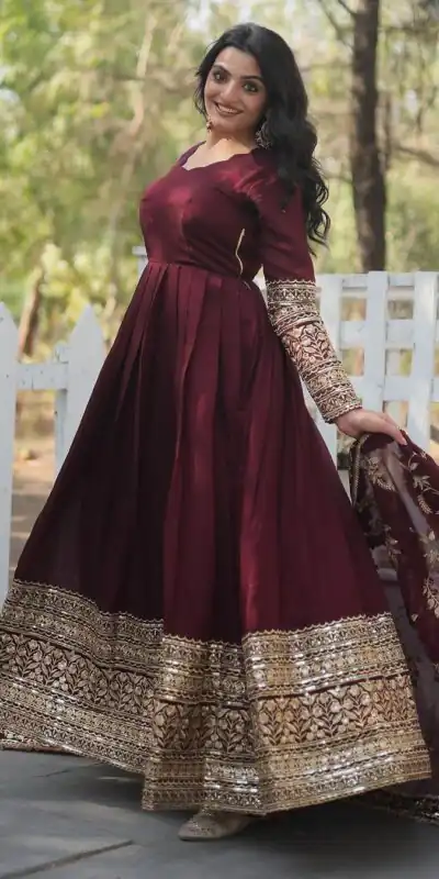 SR 1634 Maroon Color Georgette Embroidery Sequence Gown Casual, Wedding, Party, Festive, Events Etc. Expected Delivery 4-6 Working Days @2099/- | Gowns, Bollywood Gowns, Creative Gowns, Designer Gowns, Embroidered Gowns, Party Wear Gowns
