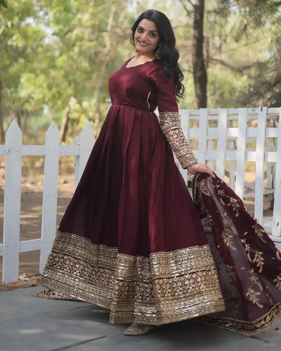 SR 1634 Maroon Color Georgette Embroidery Sequence Gown Casual, Wedding, Party, Festive, Events Etc. Expected Delivery 4-6 Working Days @2099/- | Gowns, Bollywood Gowns, Creative Gowns, Designer Gowns, Embroidered Gowns, Party Wear Gowns