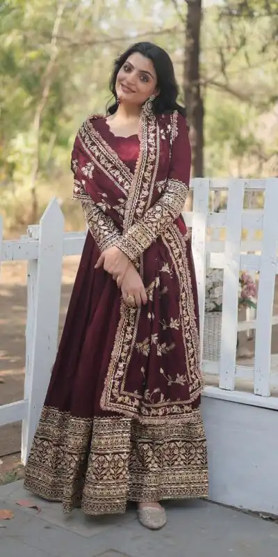 SR 1634 Maroon Color Georgette Embroidery Sequence Gown Casual, Wedding, Party, Festive, Events Etc. Expected Delivery 4-6 Working Days @2099/- | Gowns, Bollywood Gowns, Creative Gowns, Designer Gowns, Embroidered Gowns, Party Wear Gowns
