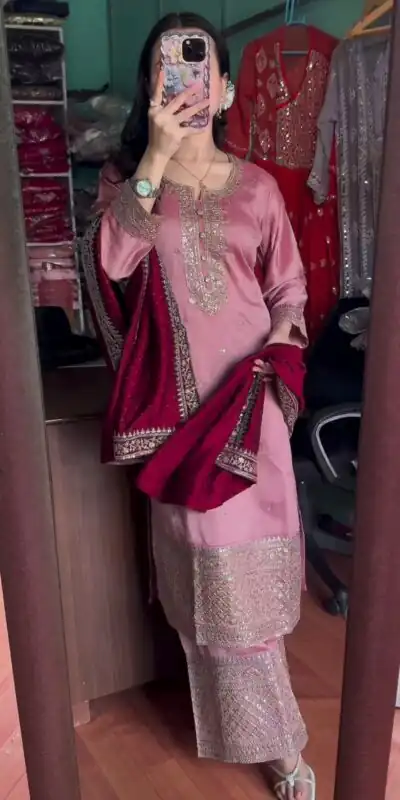 SRK 5140 Peach Color Pure Chinnon Silk Embroidery Sequence Salwar Suit Wedding, Party, Festive, Events Expected Delivery 4-6 Working Days @ 1899/- | Jump Suits, Salwar suit, Designer Suits, Casual Suits, Creative suits, Palazzo Suits, Party Wear Suits, Patiala Suits, Straight Suits
