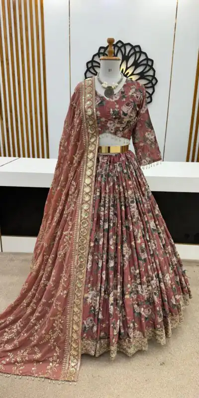 ZSR 3073 Peach Color Chinon Silk Digital Printed Lehenga Choli Wedding, Party, Events Etc. Expected Delivery 4-6 Working Days 2399/- | Lehenga, Bollywood Lehenga, Creative Lehenga, Designer Lehenga, Embroidered Lehenga, Party Wear Lehenga