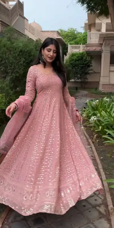 SR 1631 Pink Color Georgette Embroidery Sequence Gown Casual, Wedding, Party, Festive, Events Etc. Expected Delivery 4-6 Working Days @2449/- | Gowns, Bollywood Gowns, Creative Gowns, Designer Gowns, Embroidered Gowns, Party Wear Gowns