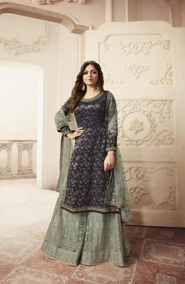 FC L.t 5401 Blue Color Jacquard Silk Georgette Diamond Sharara Suit Wedding, Party, Festive Expected Delivery 4-6 Working Days  @2999/- | Jump Suits, Salwar suit, Designer Suits, Casual Suits, Creative suits, Palazzo Suits, Party Wear Suits, Patiala Suits, Straight Suits