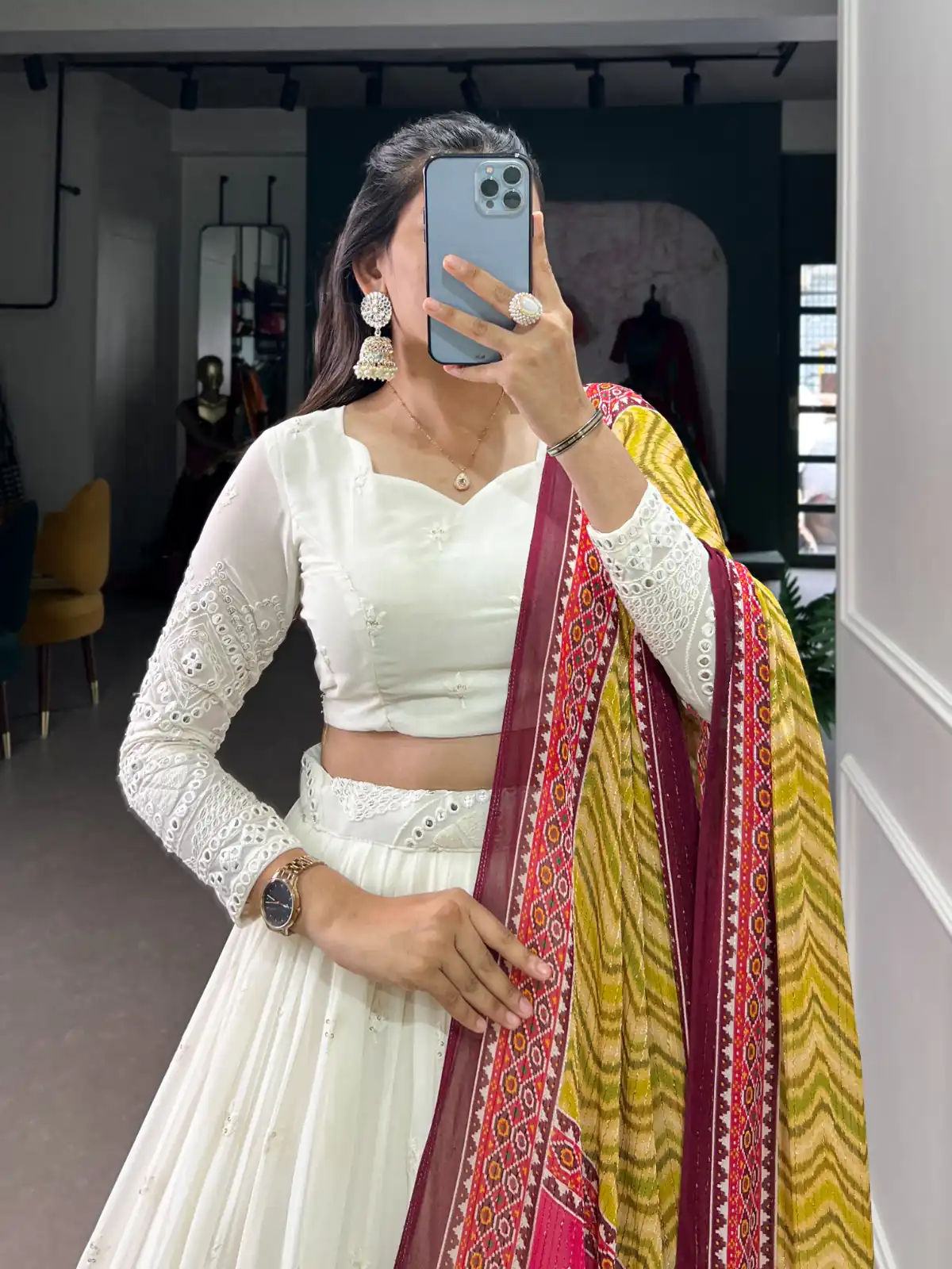 LNB 1500 White Color Georgette Lucknowi Paper Mirror Lehenga Choli Festive Party Wedding, Events etc. Delivery 4-6 Working Days @3499/- | Lehenga, Bollywood Lehenga, Creative Lehenga, Designer Lehenga, Embroidered Lehenga, Party Wear Lehenga