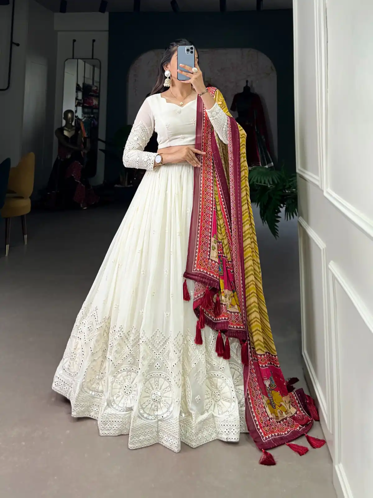 LNB 1500 White Color Georgette Lucknowi Paper Mirror Lehenga Choli Festive Party Wedding, Events etc. Delivery 4-6 Working Days @3499/- | Lehenga, Bollywood Lehenga, Creative Lehenga, Designer Lehenga, Embroidered Lehenga, Party Wear Lehenga