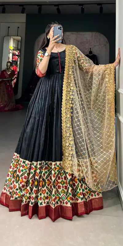 YNF 5033 Black Color Dola Silk Printed Foil Work Gown (With Dupatta ) Casual, Wedding, Festive, Events, Designer Party Wear, Delivery 4-6 Working Days @1999 | Gowns, Bollywood Gowns, Creative Gowns, Designer Gowns, Embroidered Gowns, Party Wear Gowns