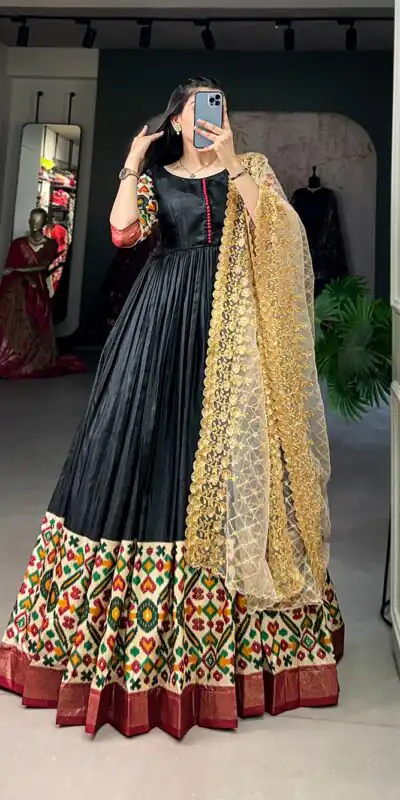 YNF 5033 Black Color Dola Silk Printed Foil Work Gown (With Dupatta ) Casual, Wedding, Festive, Events, Designer Party Wear, Delivery 4-6 Working Days @1999 | Gowns, Bollywood Gowns, Creative Gowns, Designer Gowns, Embroidered Gowns, Party Wear Gowns