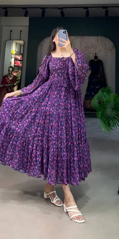 YNF 5014 Purple Color Georgette Floral Printed Work Gown Casual, Wedding, Festive, Events, Designer Party Wear, Delivery 4-6 Working Days @1849 | Gowns, Bollywood Gowns, Creative Gowns, Designer Gowns, Embroidered Gowns, Party Wear Gowns