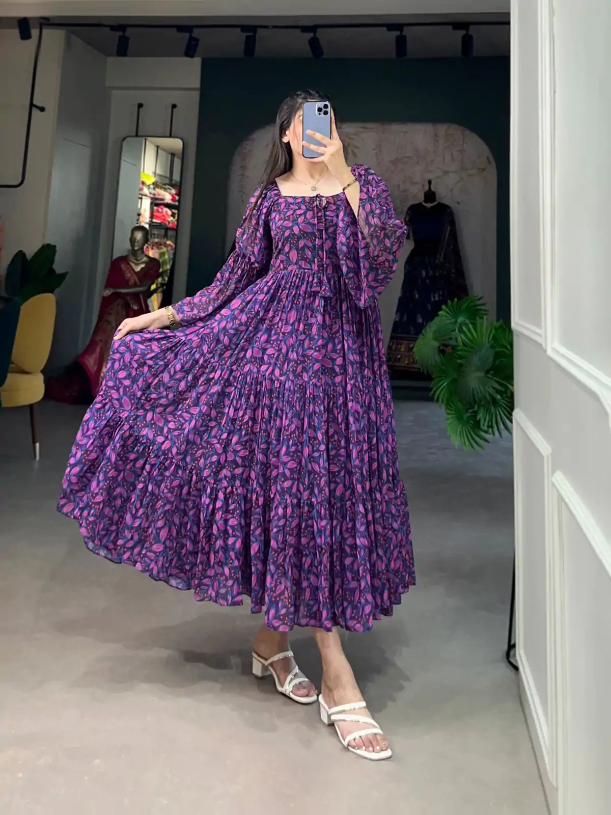 YNF 5014 Purple Color Georgette Floral Printed Work Gown Casual, Wedding, Festive, Events, Designer Party Wear, Delivery 4-6 Working Days @1849 | Gowns, Bollywood Gowns, Creative Gowns, Designer Gowns, Embroidered Gowns, Party Wear Gowns